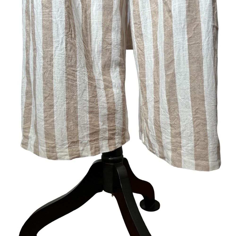 Kensie White Tan Stripe Jumpsuit Cotton Linen Spaghetti Strap Wide Leg Cropped - Picture 12 of 16